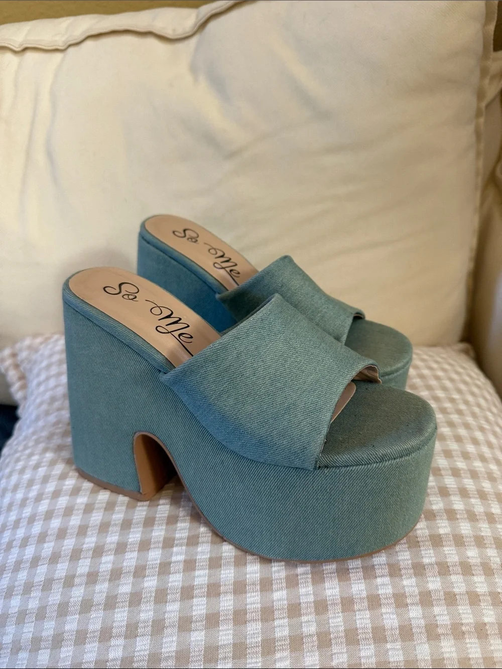 So Me Teal Denim Platform Slide Heels